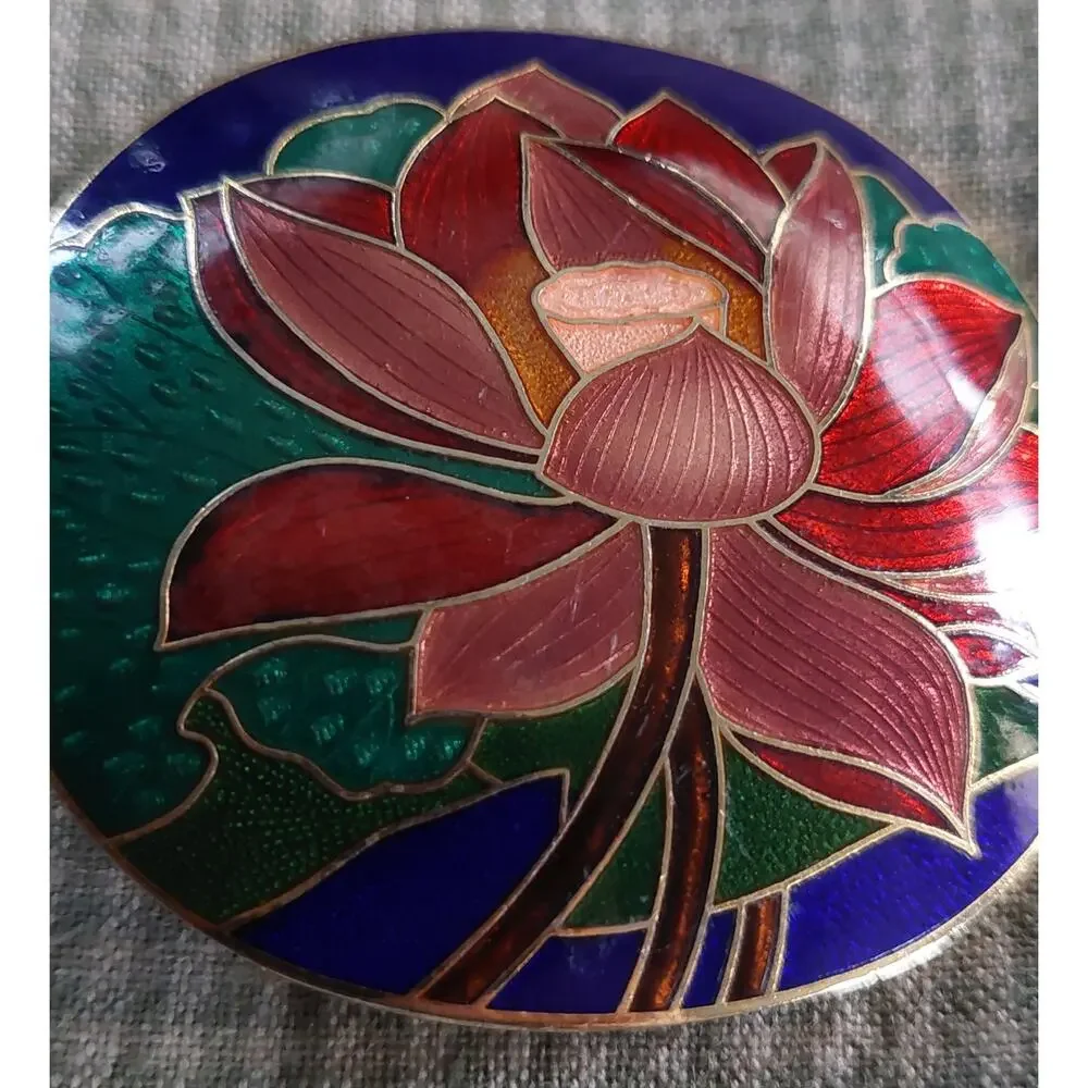 Pink Red Cloisonne Lotus Guilloche Enamel Buckle